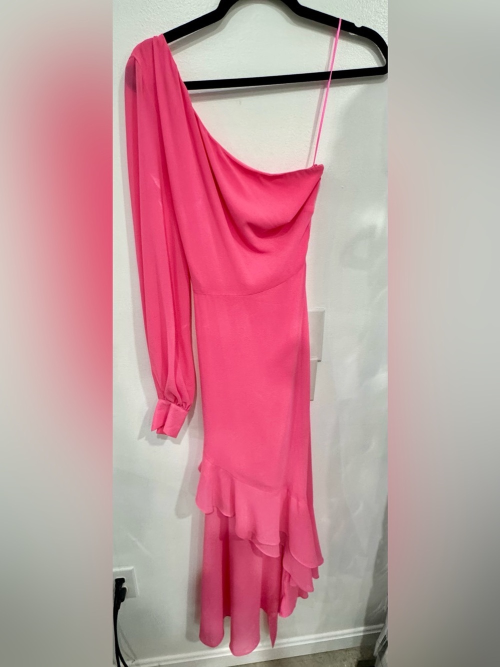 Badgley Mischka Hot Pink One-Shoulder Ruffle Dress